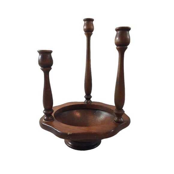 Wooden 3 Taper Candlestick Candle Holder Handmade Octagon Base Round Bowl Center - Picture 1 of 12